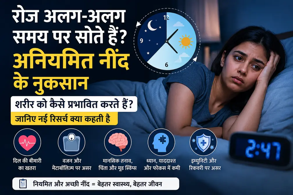 अनियमित नींद के नुकसान दिखाती हुई चित्र जिसमें रात में जागता व्यक्ति, घड़ी और नींद की कमी से होने वाले स्वास्थ्य जोखिम दर्शाए गए हैं