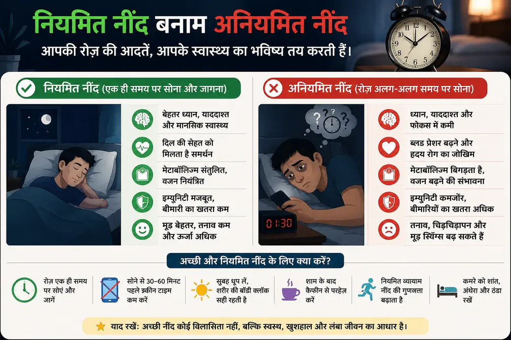नियमित और अनियमित नींद की तुलना दिखाती इन्फोग्राफिक, जिसमें अनियमित नींद के नुकसान, नियमित नींद के फायदे और अच्छी नींद के लिए जरूरी आदतें दर्शाई गई हैं।