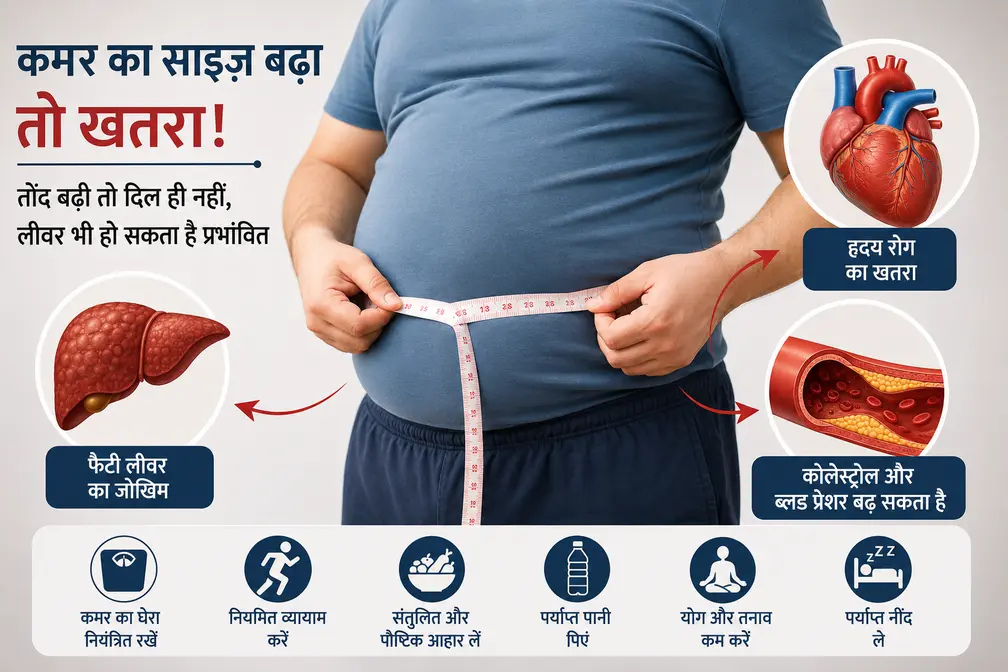 कमर का घेरा मापता व्यक्ति, बेली फैट से जुड़े हार्ट और लीवर के जोखिम तथा बेली फैट कैसे कम करें इसके कुछ आसान उपाय