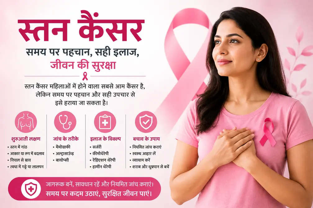 स्तन कैंसर जागरूकता पोस्टर जिसमें एक महिला, पिंक रिबन और स्तन कैंसर के शुरुआती लक्षण, जांच, इलाज और बचाव से संबंधित जानकारी को दर्शाया गया है।