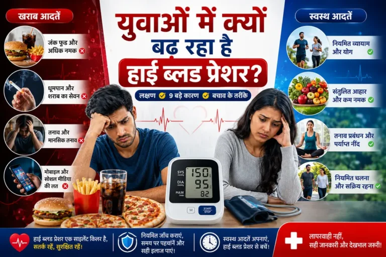 20 से 30 साल के युवाओं में हाई ब्लड प्रेशर के कारण, लक्षण और बचाव के तरीके दर्शाता हुआ स्वास्थ्य जागरूकता चित्र