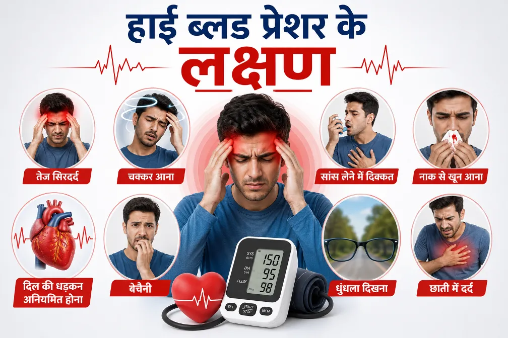 हाई ब्लड प्रेशर के लक्षण जैसे तेज सिरदर्द, चक्कर आना, सांस लेने में दिक्कत, नाक से खून आना, बेचैनी, धुंधला दिखना और छाती में दर्द दर्शाता इन्फोग्राफिक
