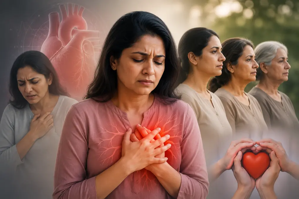 उम्र बढ़ने के साथ हृदय स्वास्थ्य और साइलेंट हार्ट अटैक के जोखिम को दर्शाती एक महिला, जो सीने में दर्द महसूस कर रही है, साथ में विभिन्न आयु वर्ग की महिलाओं और हृदय स्वास्थ्य का प्रतीकात्मक चित्र