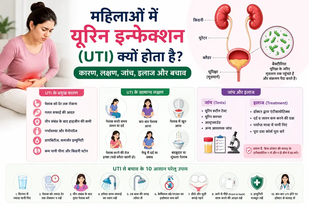 महिलाओं में यूरिन इन्फेक्शन (UTI) के कारण, लक्षण, जांच, इलाज और बचाव के उपायों की जानकारी दिखाती इन्फोग्राफिक