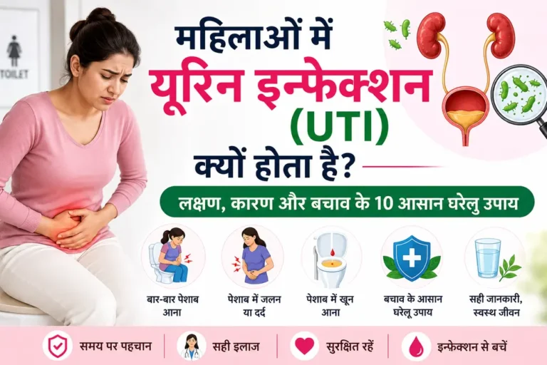 महिलाओं में यूरिन इन्फेक्शन (UTI) के कारण, लक्षण और बचाव के उपाय दिखाती हुई सांकेतिक स्वास्थ्य जागरूकता तस्वीर
