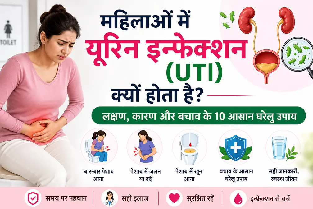 महिलाओं में यूरिन इन्फेक्शन (UTI) के कारण, लक्षण और बचाव के उपाय दिखाती हुई सांकेतिक स्वास्थ्य जागरूकता तस्वीर