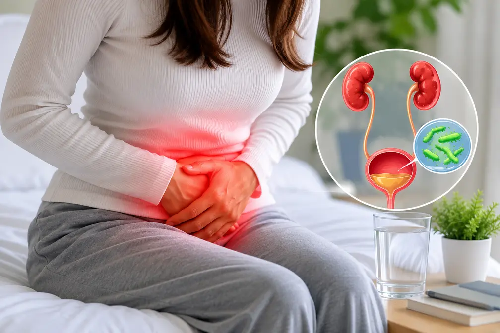 महिला में यूरिन इन्फेक्शन (UTI) के कारण पेट के निचले हिस्से में दर्द और मूत्राशय संक्रमण को दर्शाती सांकेतिक मेडिकल तस्वीर