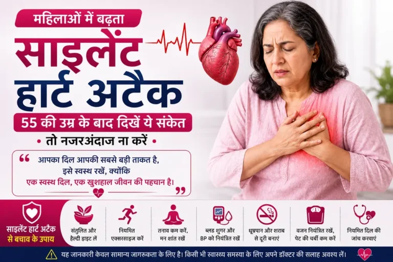 महिलाओं में साइलेंट हार्ट अटैक के संकेत, 55 वर्ष से अधिक उम्र की महिला सीने में असहजता महसूस करते हुए, हृदय स्वास्थ्य जागरूकता दर्शाती हुई।