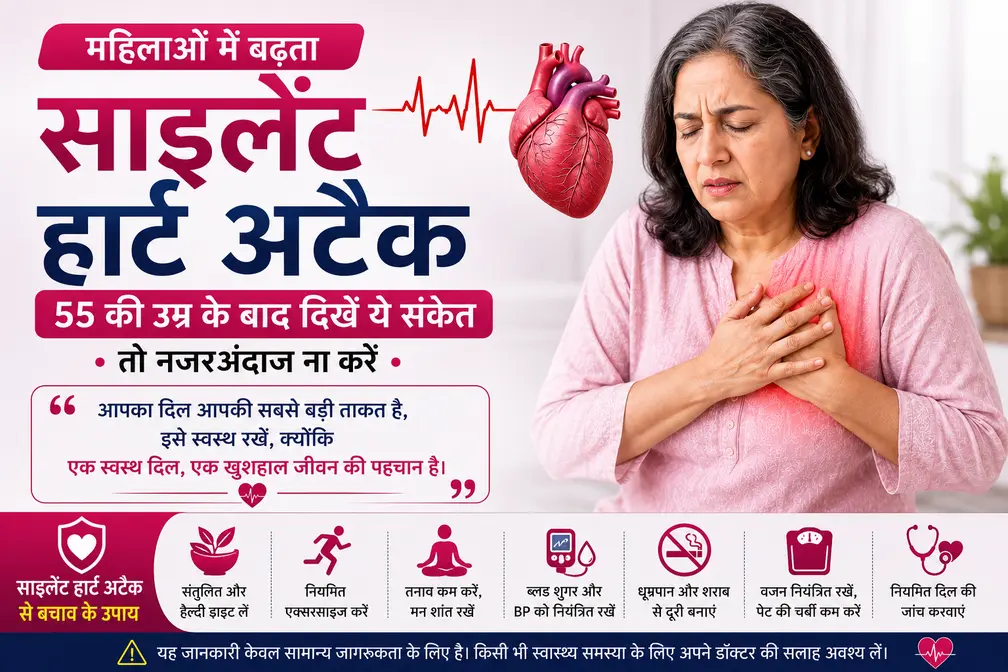 महिलाओं में साइलेंट हार्ट अटैक के संकेत, 55 वर्ष से अधिक उम्र की महिला सीने में असहजता महसूस करते हुए, हृदय स्वास्थ्य जागरूकता दर्शाती हुई।