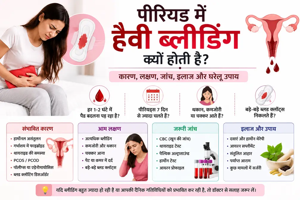 पीरियड में हैवी ब्लीडिंग के कारण, लक्षण, जरूरी जांच और इलाज की जानकारी दिखाती इन्फोग्राफिक