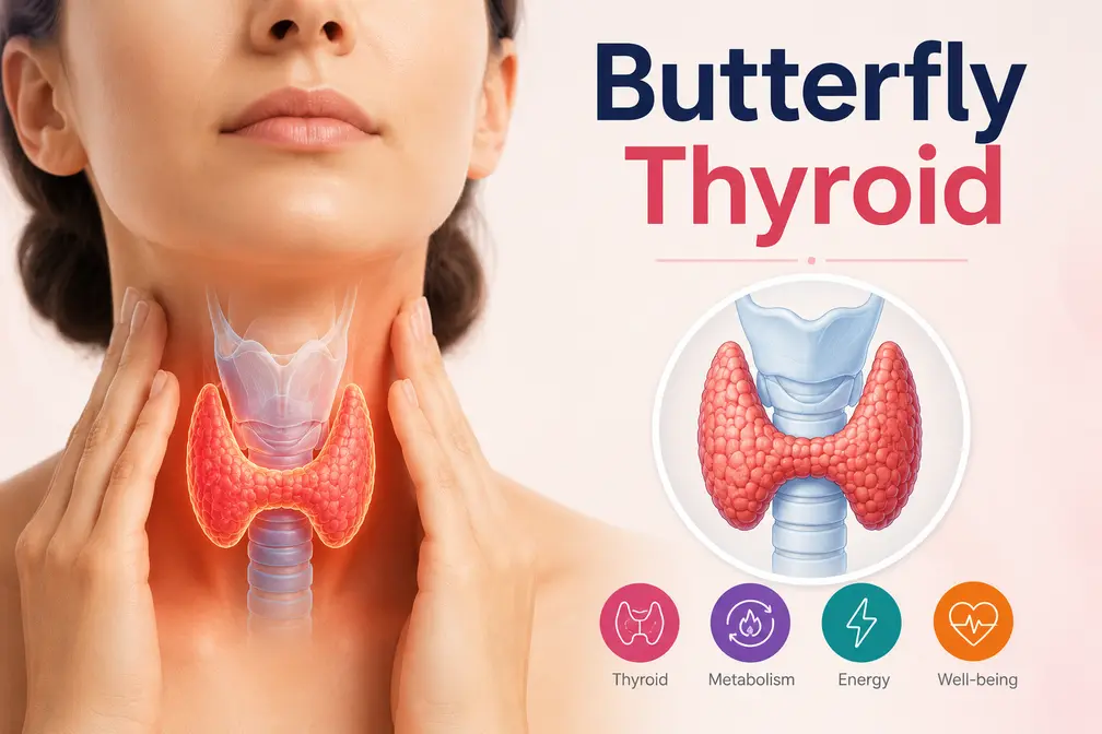 गर्दन में स्थित तितली के आकार की थायराइड ग्रंथि (Butterfly Thyroid Gland) का एनाटॉमिकल चित्र