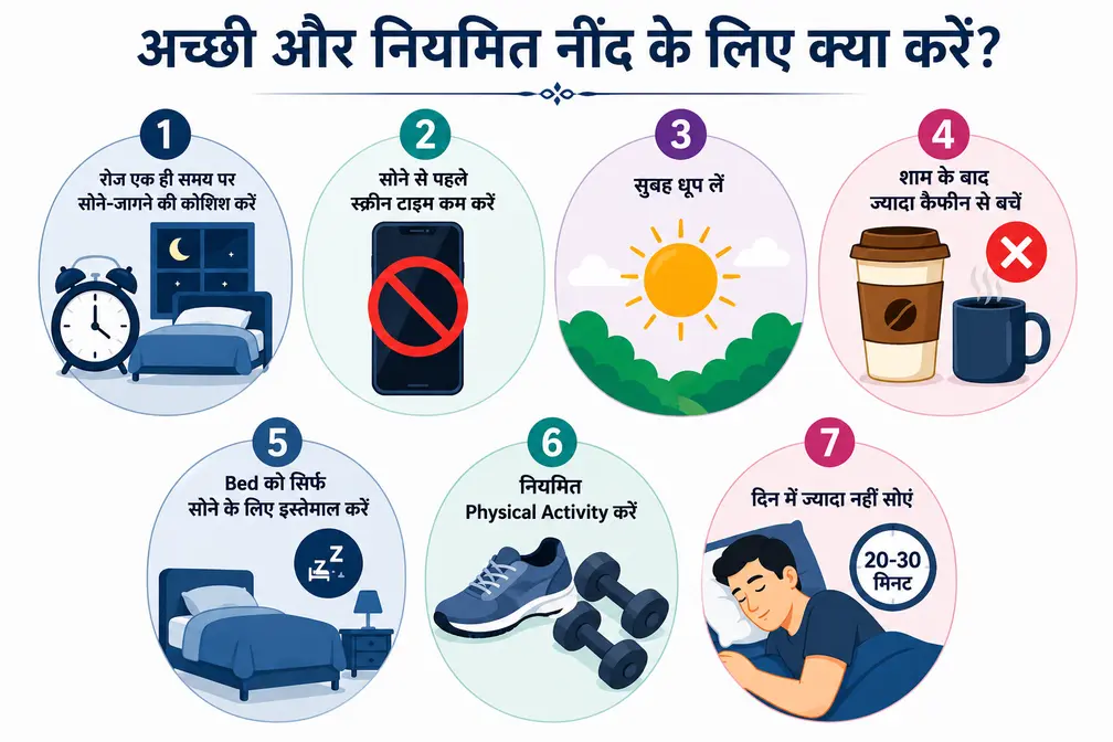 अच्छी और नियमित नींद के लिए 7 आसान टिप्स का इन्फोग्राफिक, जिसमें नियमित सोने का समय, स्क्रीन टाइम कम करना, सुबह धूप लेना, कैफीन से बचना, बेड का सही उपयोग, नियमित व्यायाम और दिन में कम सोने की सलाह दी गई है।