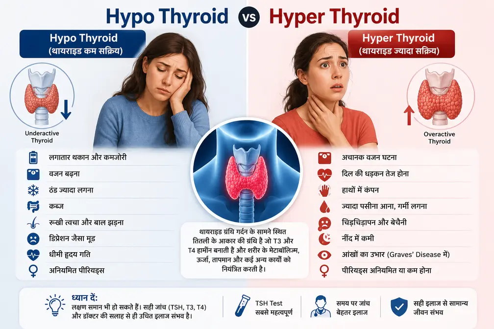 Hypo Thyroid vs Hyper Thyroid Comparison Chart with Symptoms in Hindi