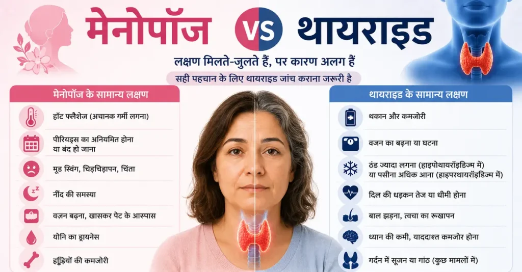 मेनोपॉज और थायराइड के समान लक्षणों की तुलना दिखाता इन्फोग्राफिक, जिसमें थकान, वजन बढ़ना, मूड स्विंग, ब्रेन फॉग और बाल झड़ने जैसे सामान्य लक्षण शामिल हैं।