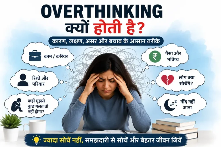 ओवरथिंकिंग क्यों होती है? जरूरत से ज्यादा सोचने के कारण, मानसिक तनाव और बचाव को दर्शाती चित्रात्मक इमेज।