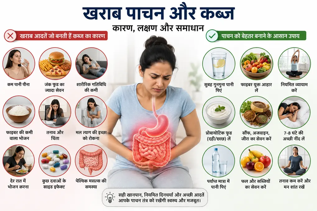 पेट का डाइजेशन खराब होने के कारण, कब्ज के मुख्य कारण और पाचन सुधारने के आसान उपाय दिखाता इन्फोग्राफिक।