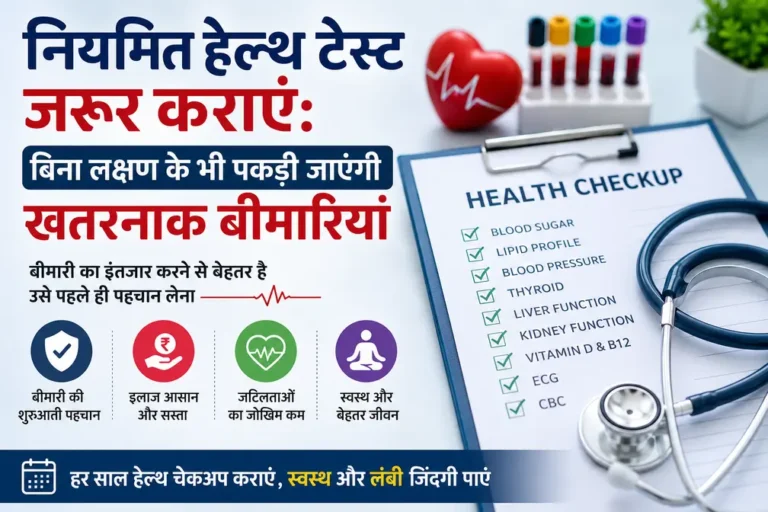 नियमित हेल्थ चेकअप और हेल्थ स्क्रीनिंग की जानकारी दिखाता मेडिकल चेकअप बोर्ड, स्टेथोस्कोप और ब्लड टेस्ट सैंपल