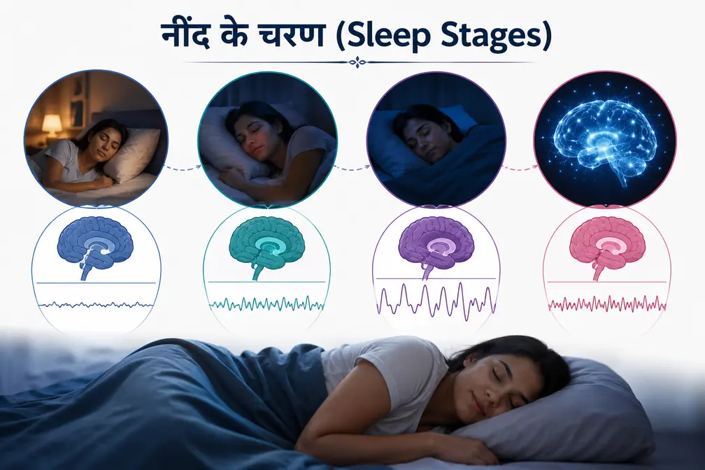 नींद के चरण (Sleep Stages) का इन्फोग्राफिक जिसमें Non-REM और REM नींद के विभिन्न चरणों को चित्रों के माध्यम से दर्शाया गया है।
