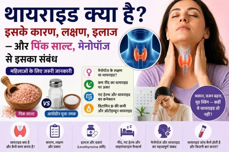 थायराइड क्या है? कारण, लक्षण, इलाज, पिंक साल्ट और मेनोपॉज से थायराइड का संबंध दर्शाता हुआ हेल्थ इन्फोग्राफिक