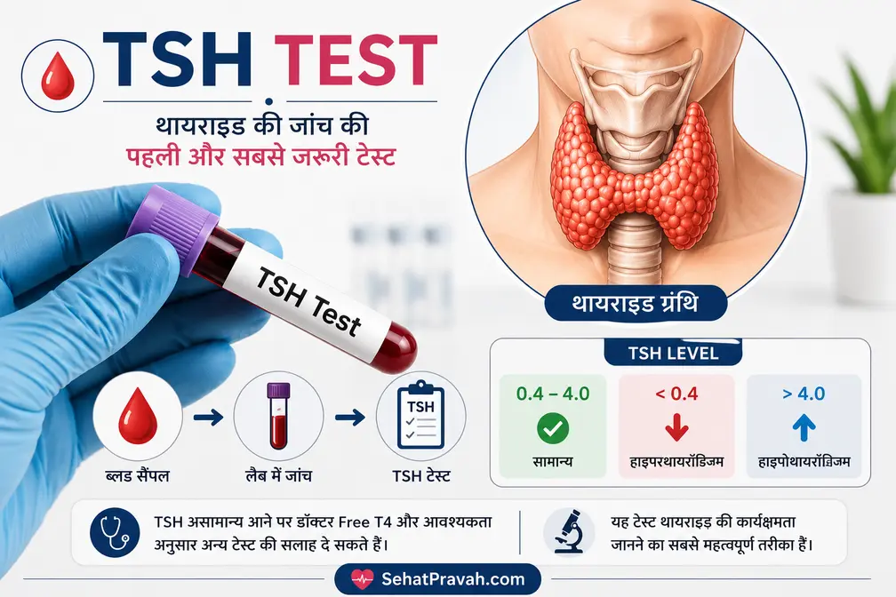 TSH Test के जरिए थायराइड की जांच का चित्र, जिसमें ब्लड सैंपल और थायराइड ग्रंथि दिखाई गई है।