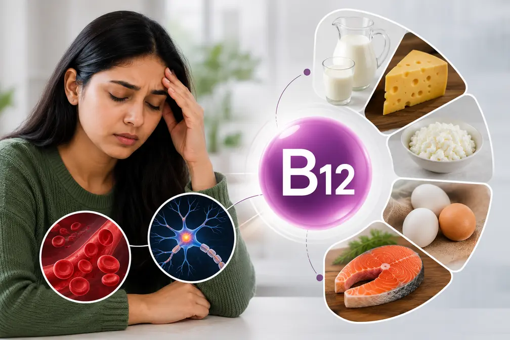 विटामिन B12 की कमी के लक्षण और B12 युक्त खाद्य पदार्थों को दर्शाती मेडिकल इमेज