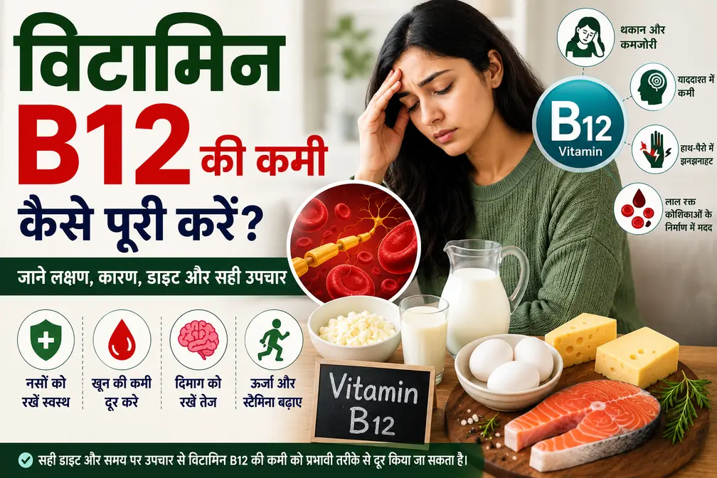 विटामिन B12 की कमी के लक्षण, कारण, डाइट और उपचार को दर्शाती हुई फीचर्ड इमेज